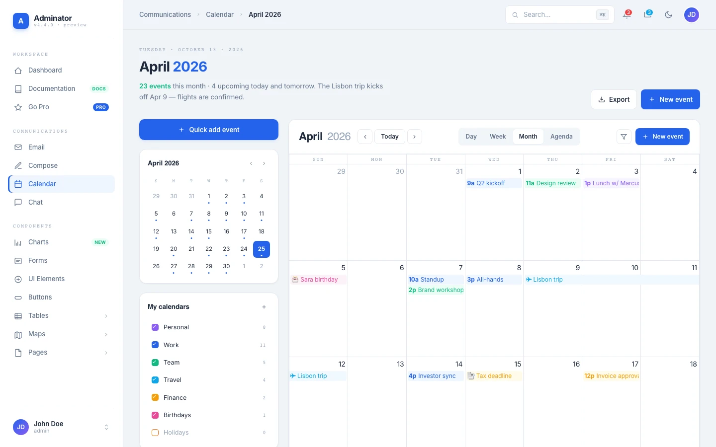 Adminator Calendar page