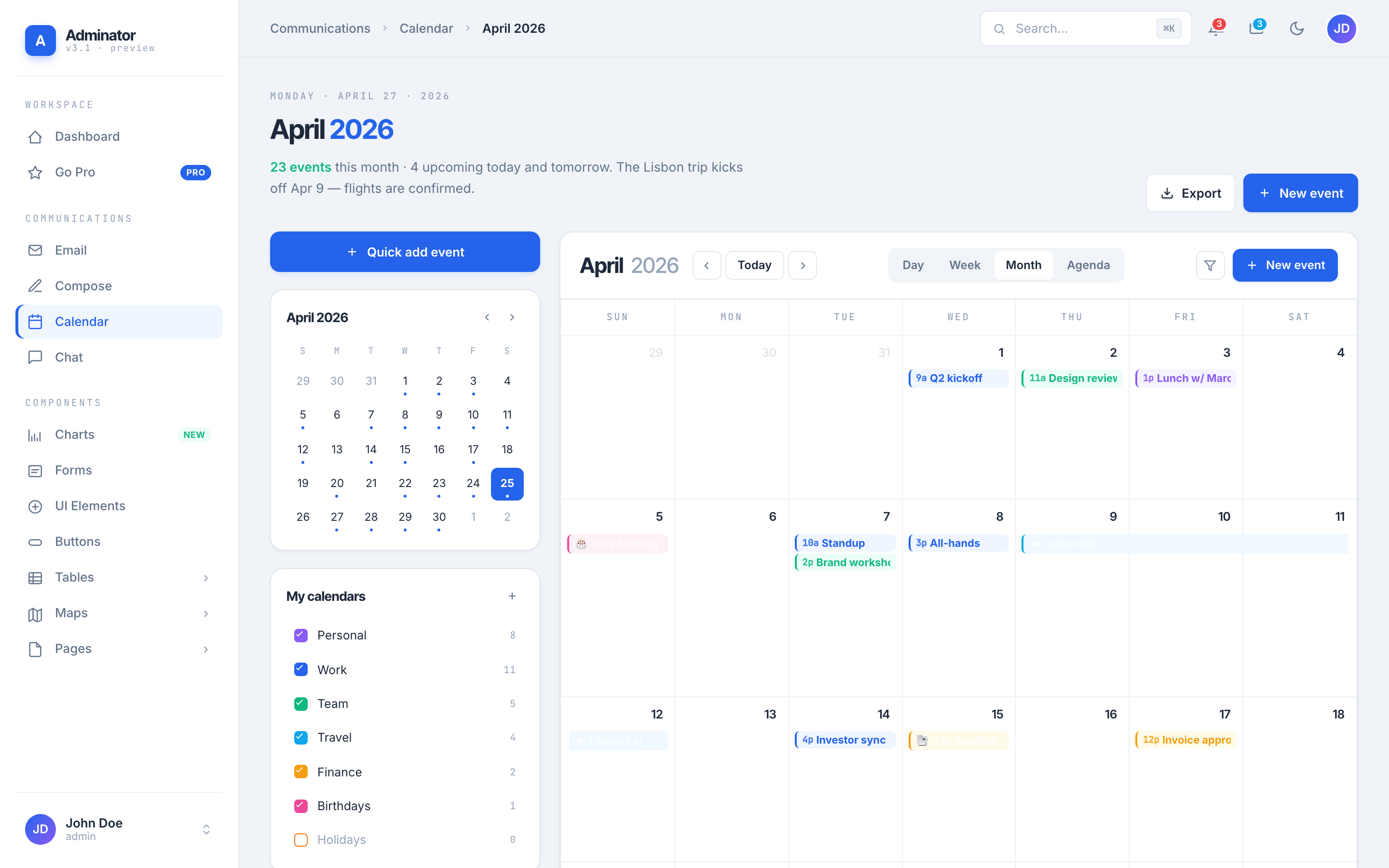Adminator Calendar page