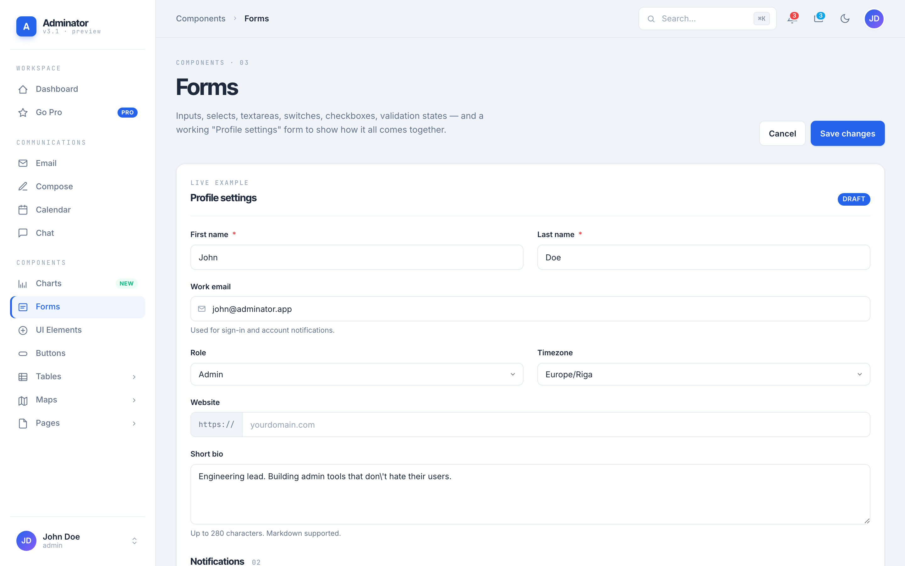 Adminator Forms page