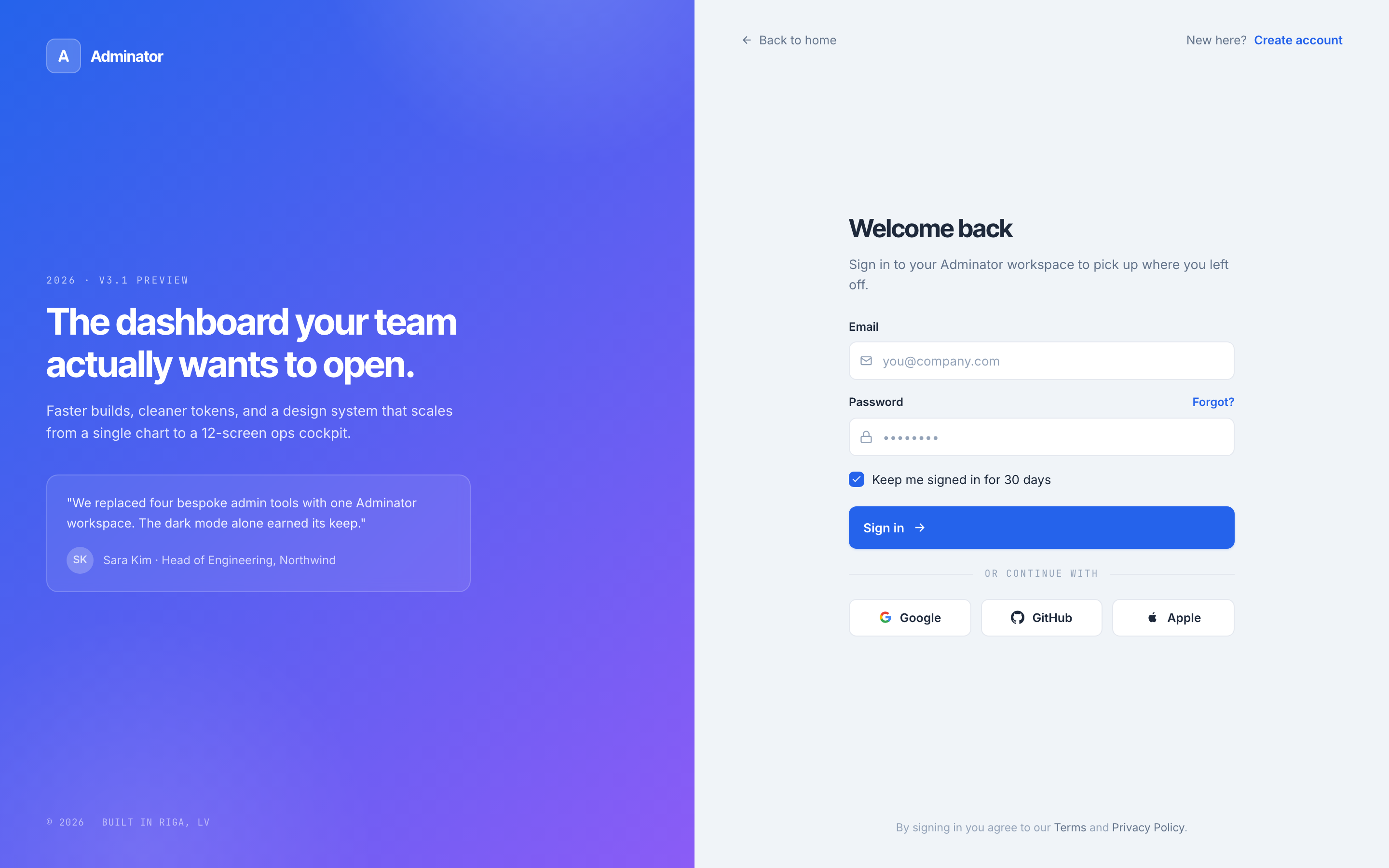 Adminator Sign In page
